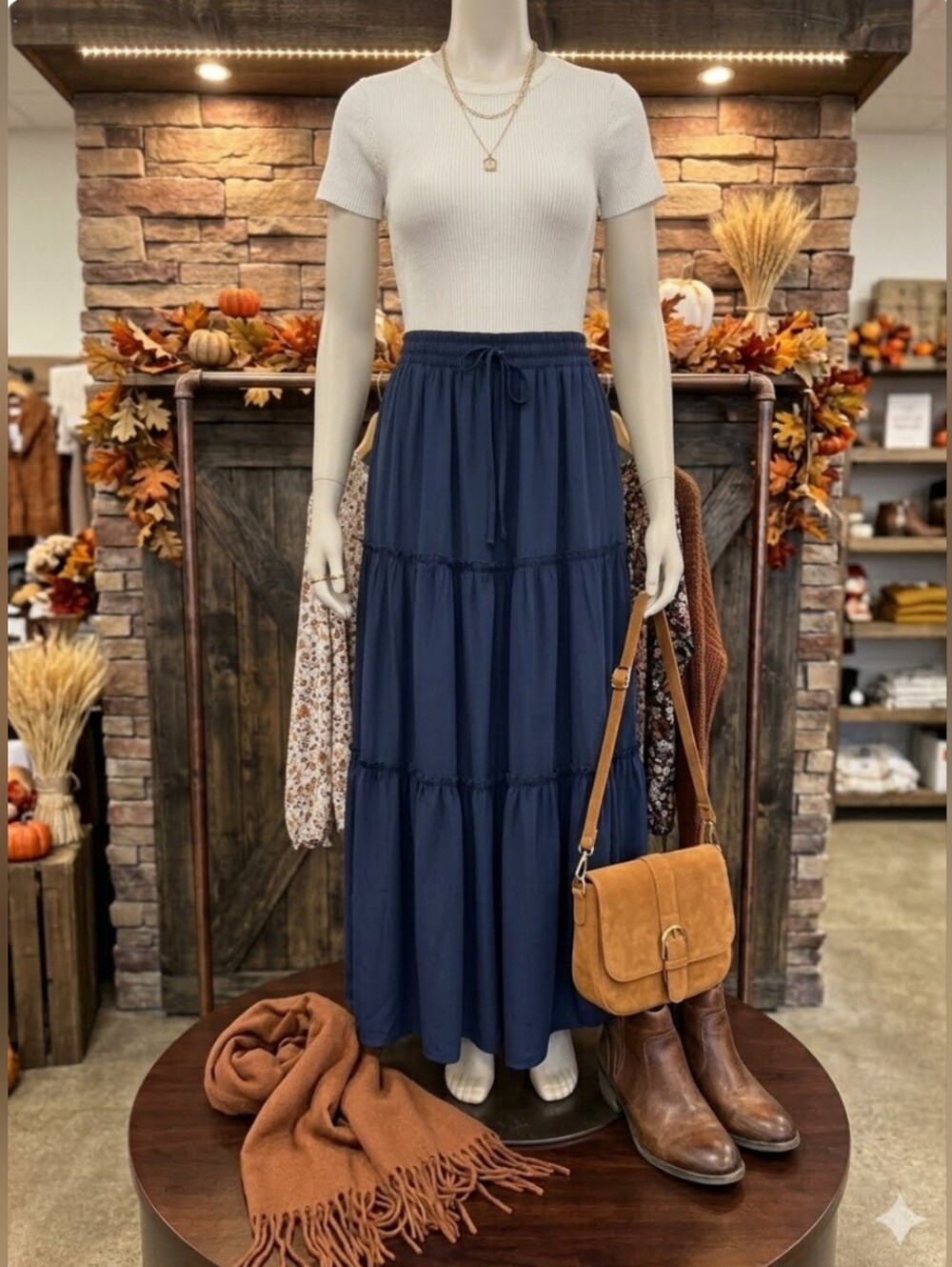 ***Navy Tiered Maxi Skirt Waist 15 To 17" Length 39: